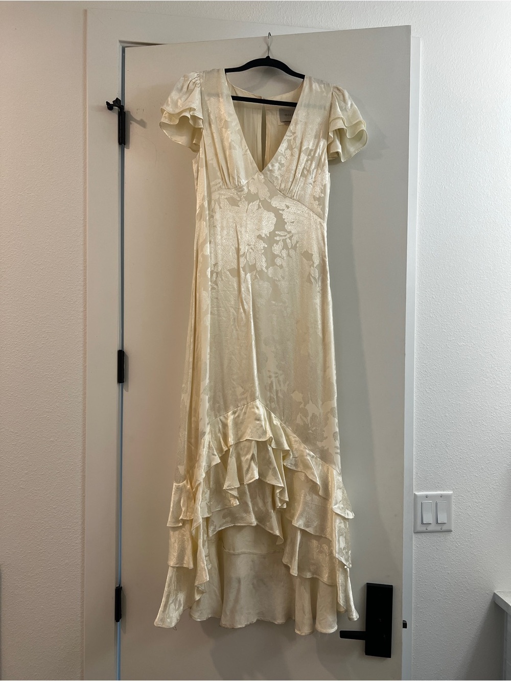 BHLDN Ivory Satin Floral V Nexk Midi Dress with Ruffle Hem